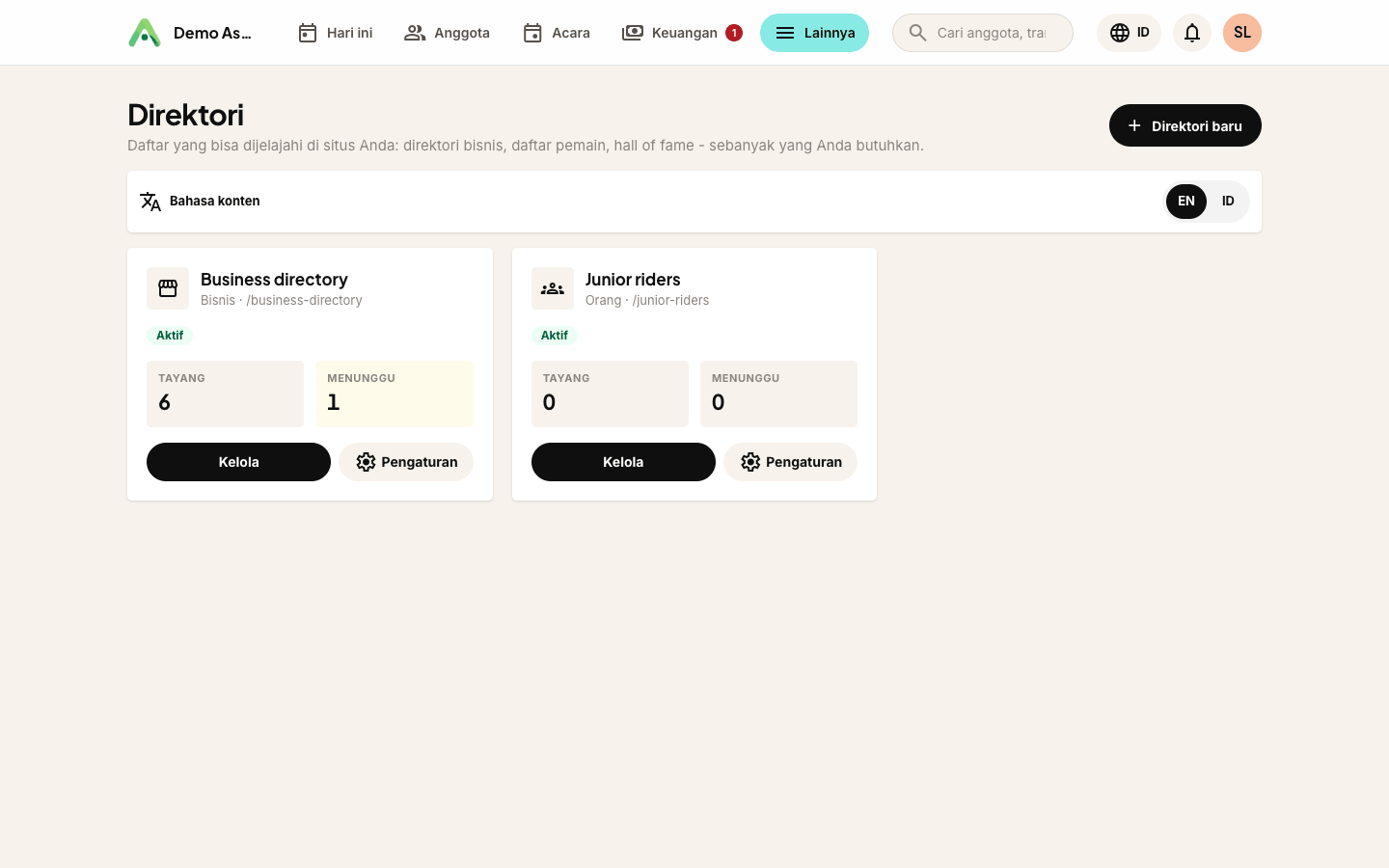 Semua direktori Anda dalam satu daftar, lengkap dengan preset, jumlah yang tayang dan yang menunggu, serta formulir Direktori baru