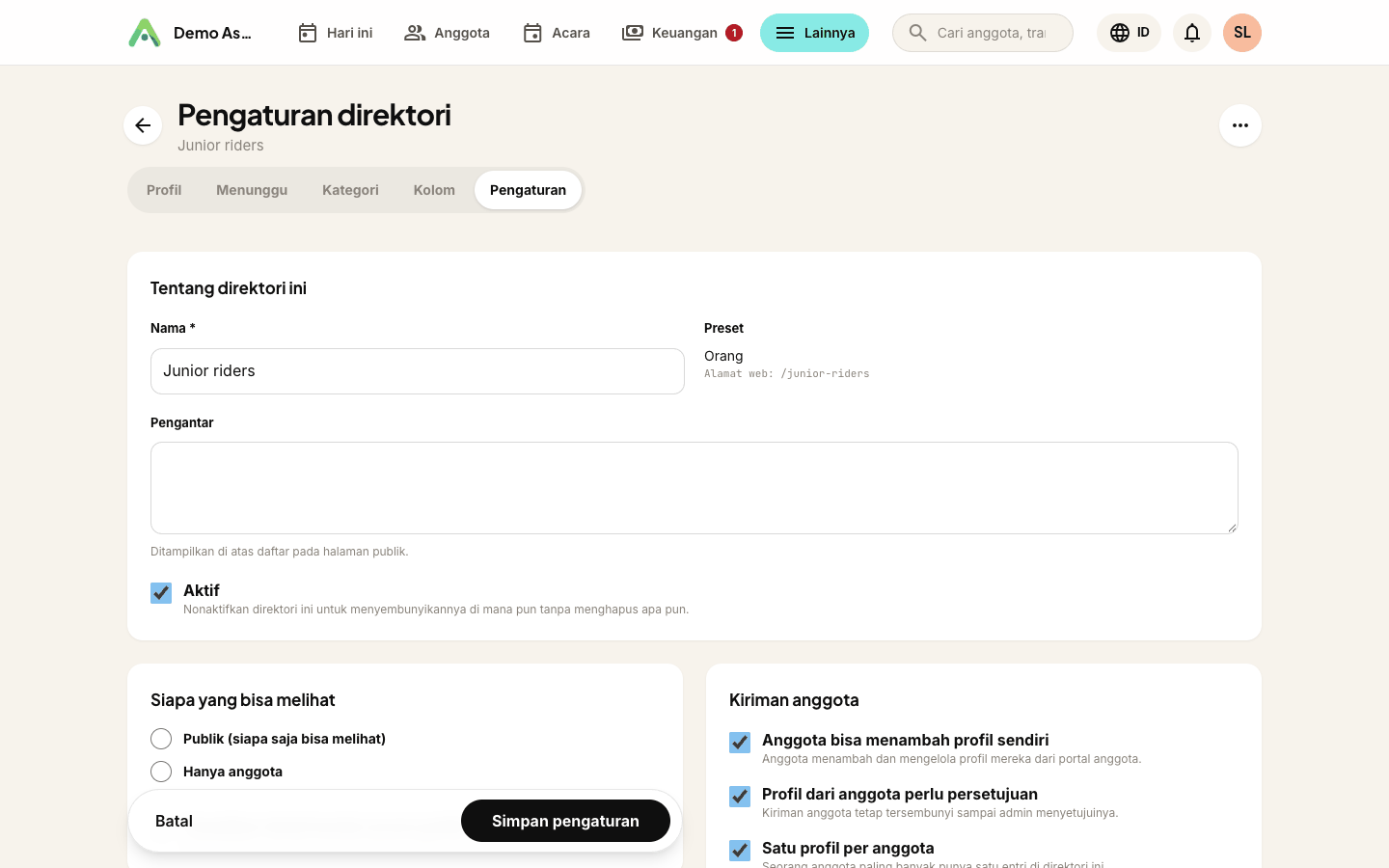 Pengaturan untuk direktori Orang - siapa yang bisa melihat, siapa yang bisa menambah entri, dan apakah Anda menyetujuinya dulu