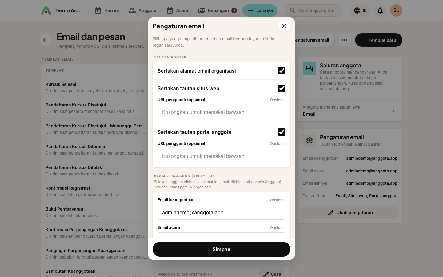 Alamat balasan, diatur terpisah untuk email keanggotaan, acara, dan lainnya