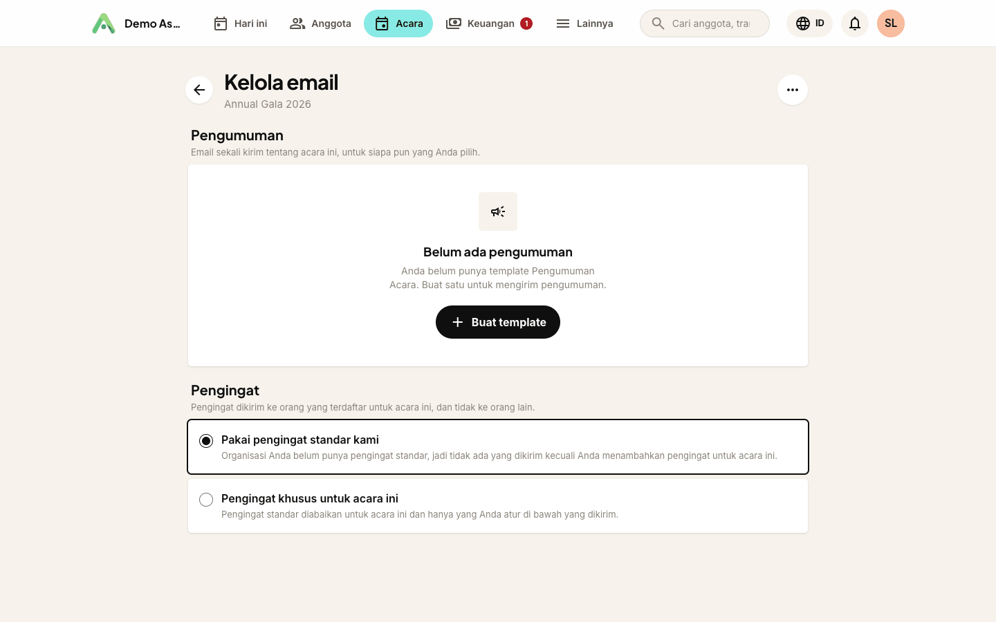 Halaman Kelola email sebuah acara: pengingat dan pengumuman
