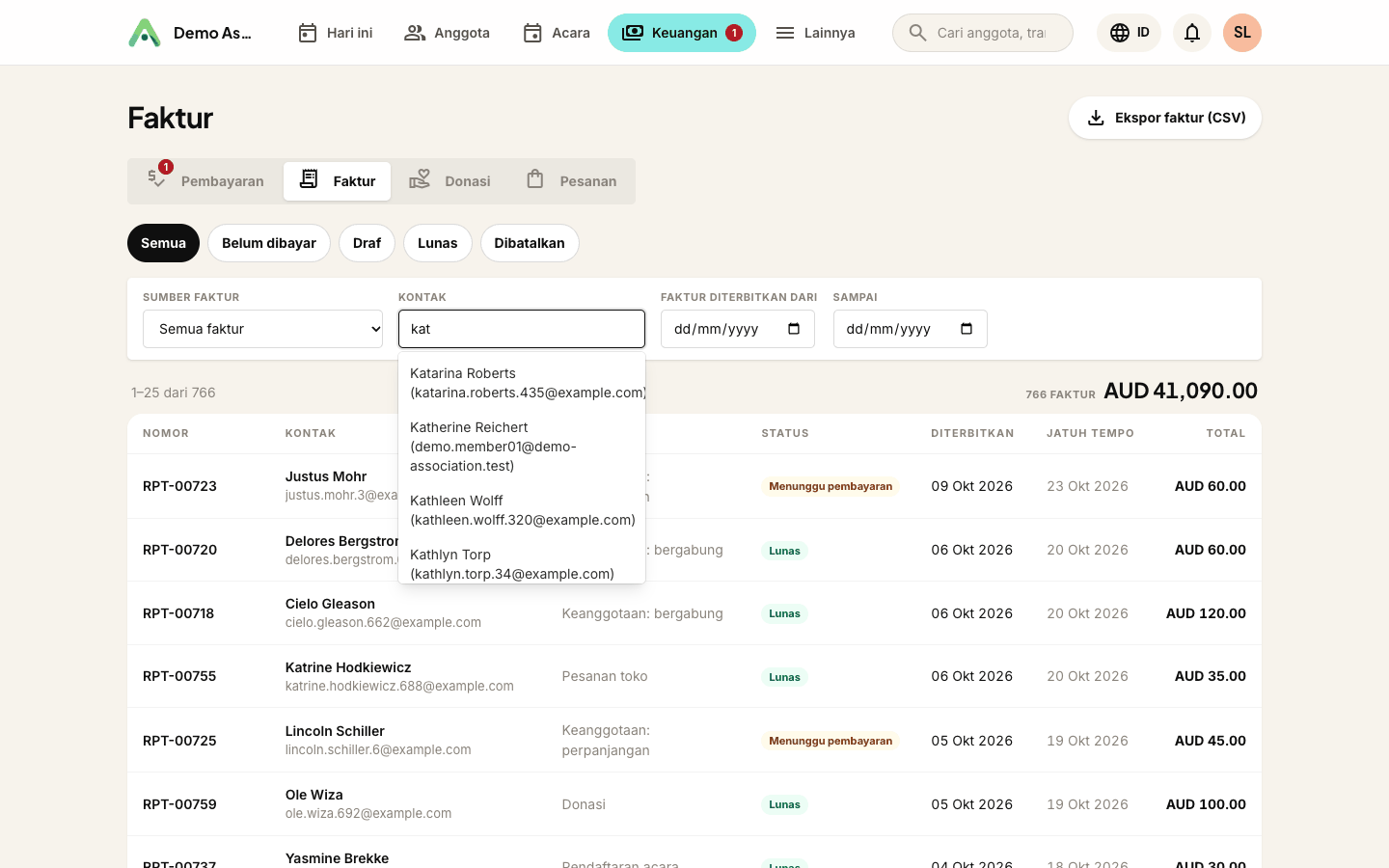 Filter kontak di Keuangan - ketik nama atau email lalu pilih anggotanya
