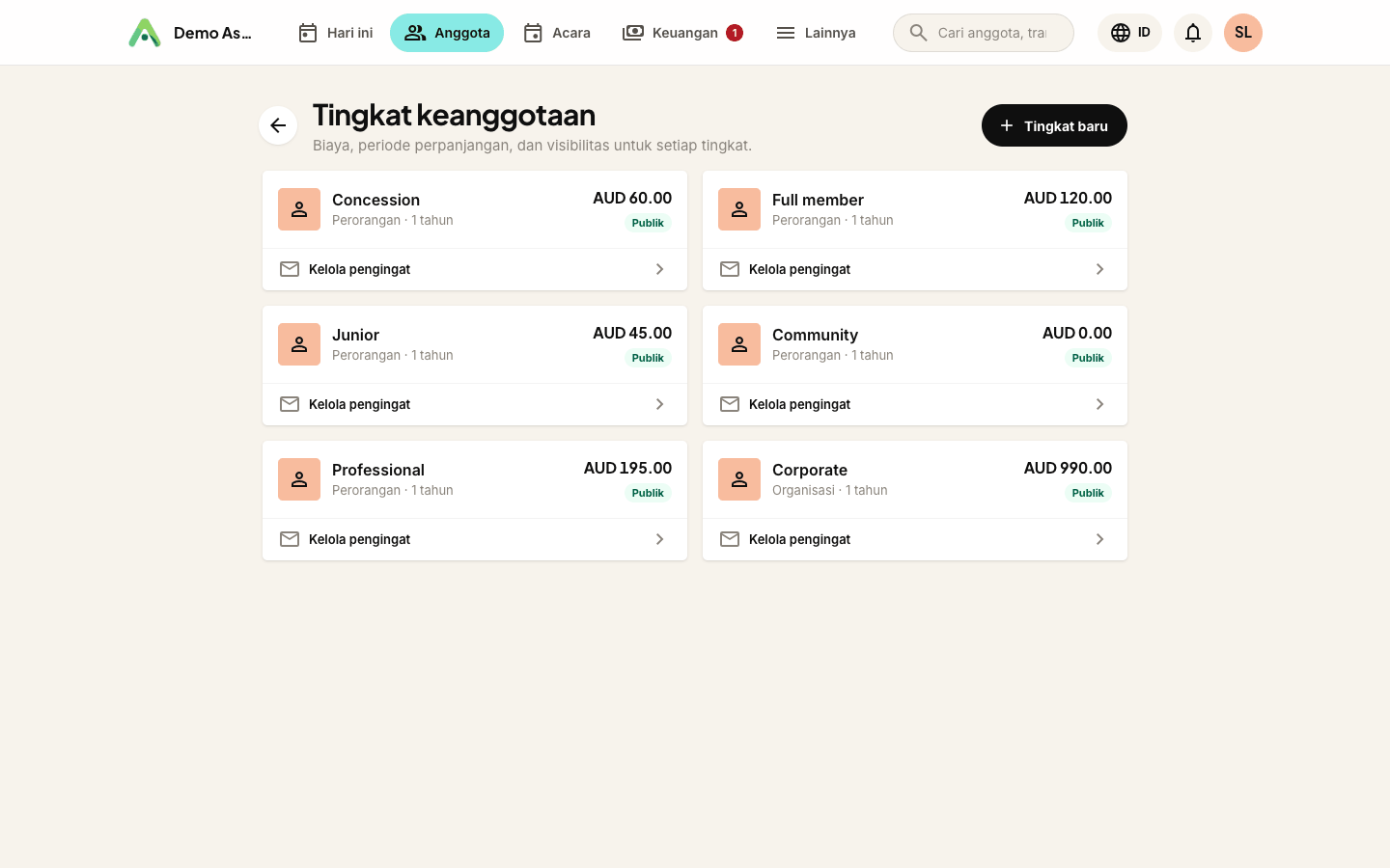 Layar tingkat keanggotaan dengan biaya, periode perpanjangan, dan metode pembayaran