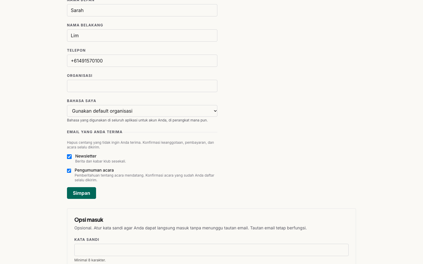 Panel preferensi email di portal anggota, dengan newsletter dan pengumuman acara