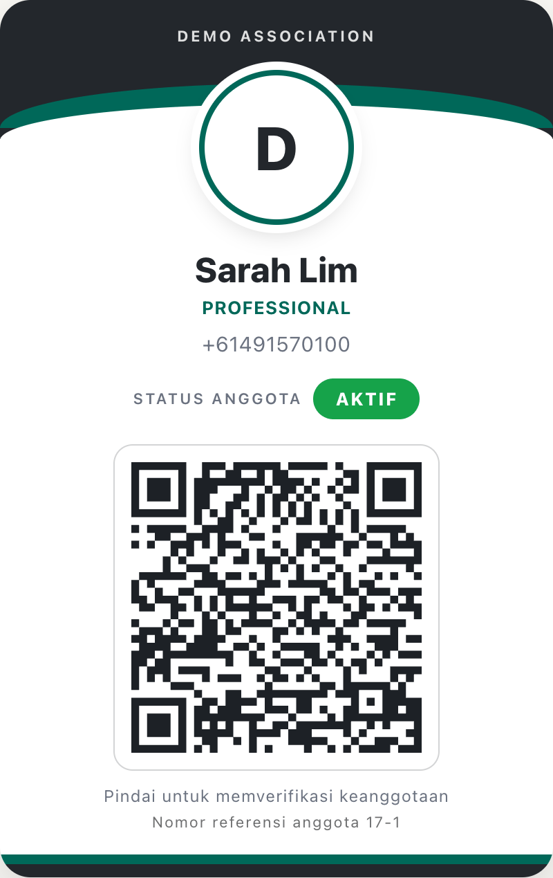 Kartu keanggotaan - identitas organisasi, data anggota, status terkini, dan kode QR verifikasi