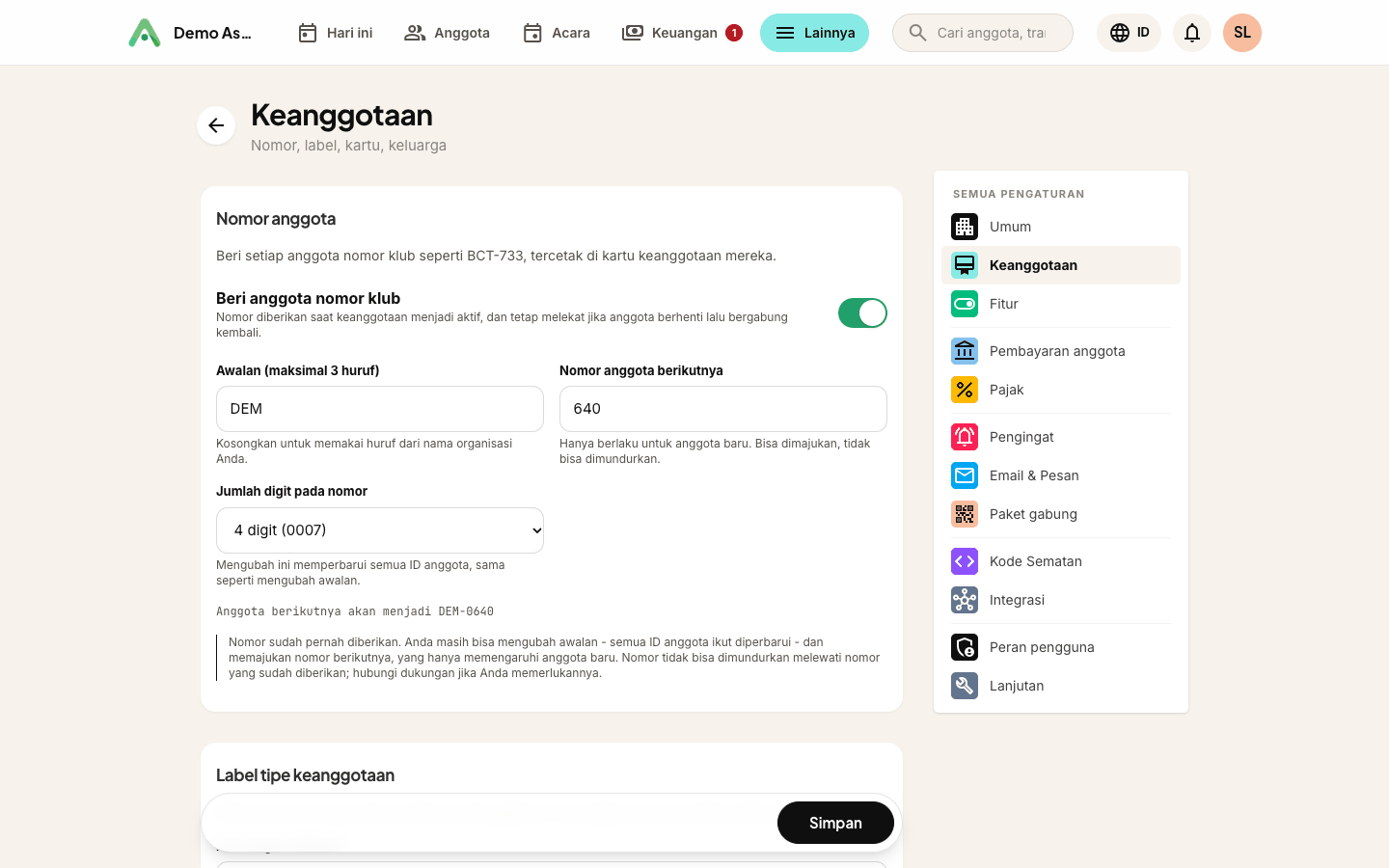 Nomor keanggotaan di Pengaturan → Keanggotaan - awalan, angka awal dan jumlah digit, dengan contoh langsung