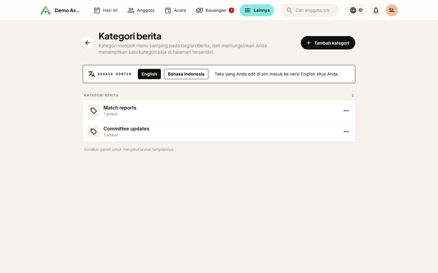 Kategori berita - atur ulang dengan tombol panah, masing-masing menunjukkan jumlah artikelnya