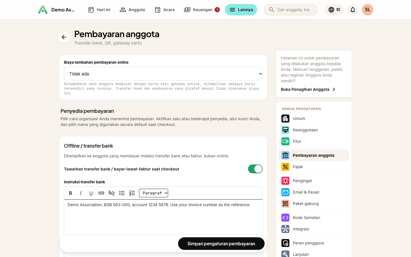 Pengaturan → Pembayaran anggota - transfer bank dan QR offline, serta penyedia online