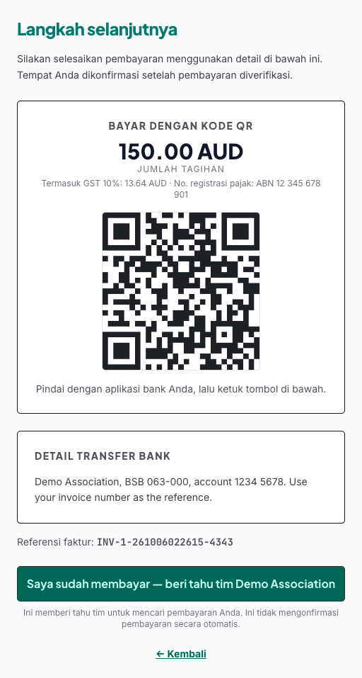 Layar QR checkout dengan jumlah tagihan dan tombol "Saya sudah membayar"