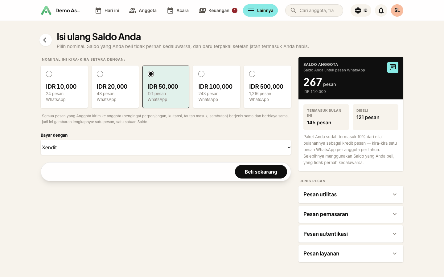 Halaman isi ulang - pilih nominal dan lihat setara berapa pesan, dengan penjelasan jenis pesan di bawahnya