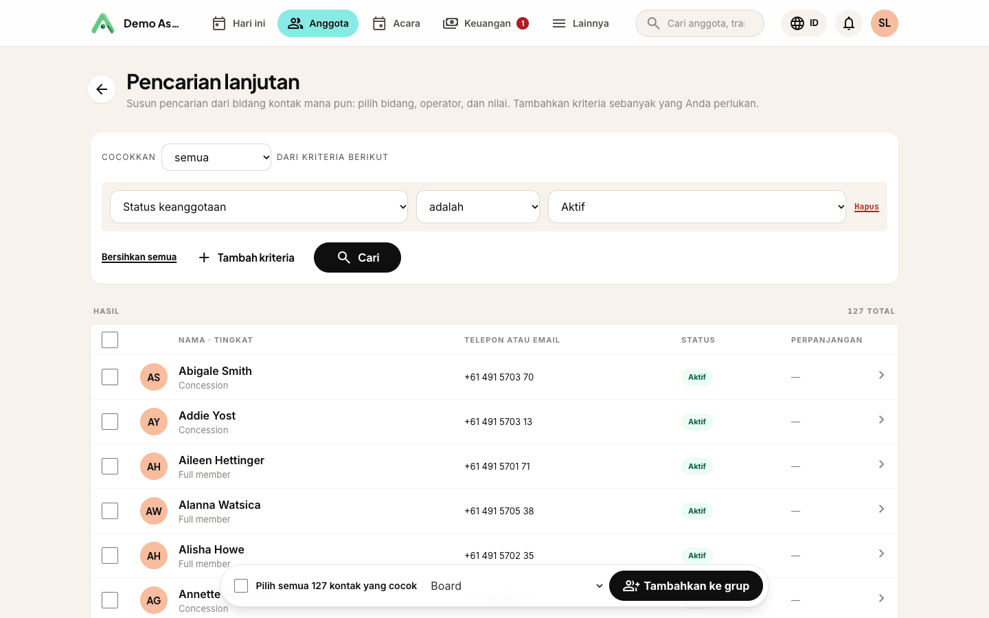 Hasil terpilih dengan bilah Tambahkan ke grup di atasnya