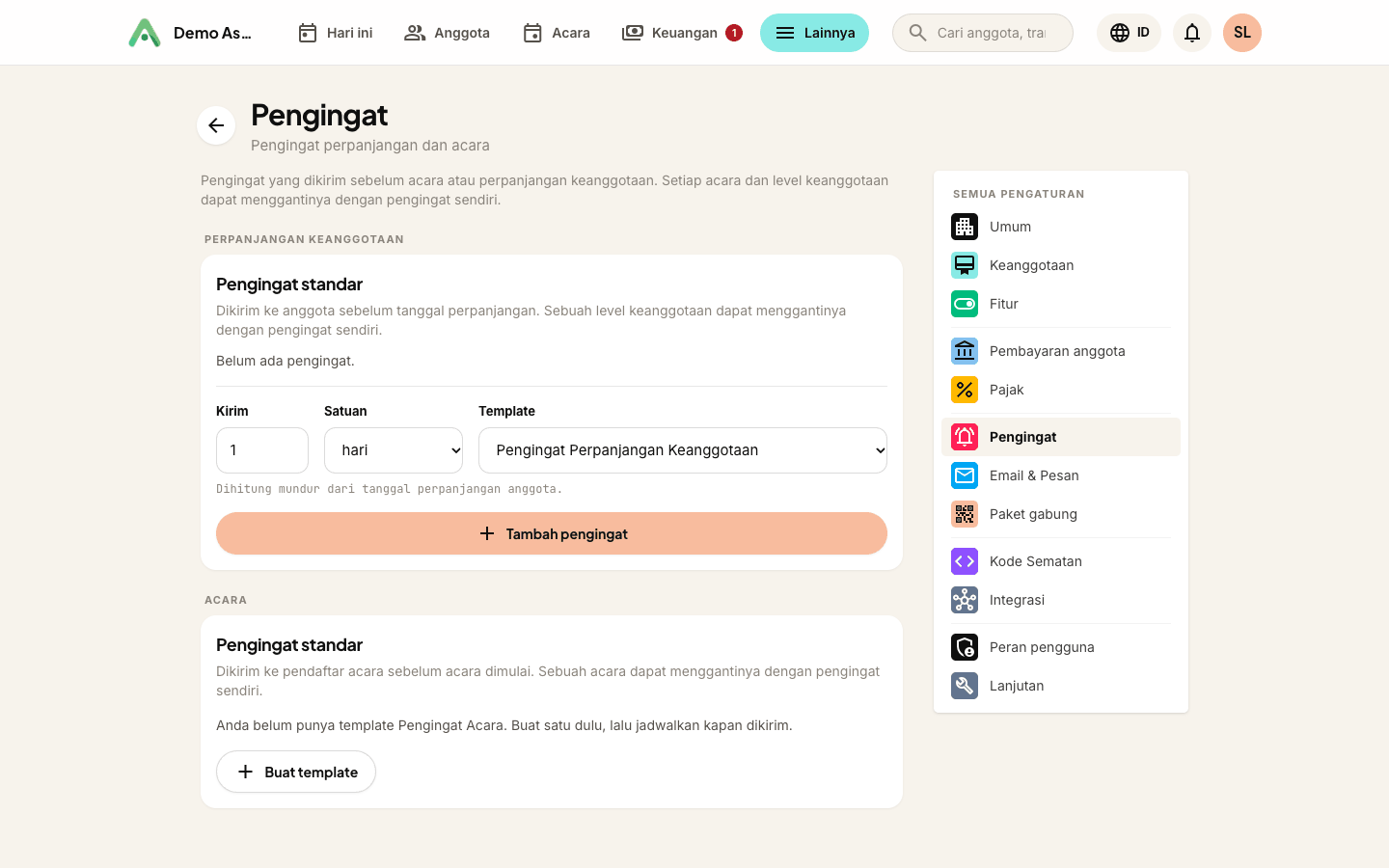 Pengingat standar untuk perpanjangan dan acara, di bawah Pengaturan