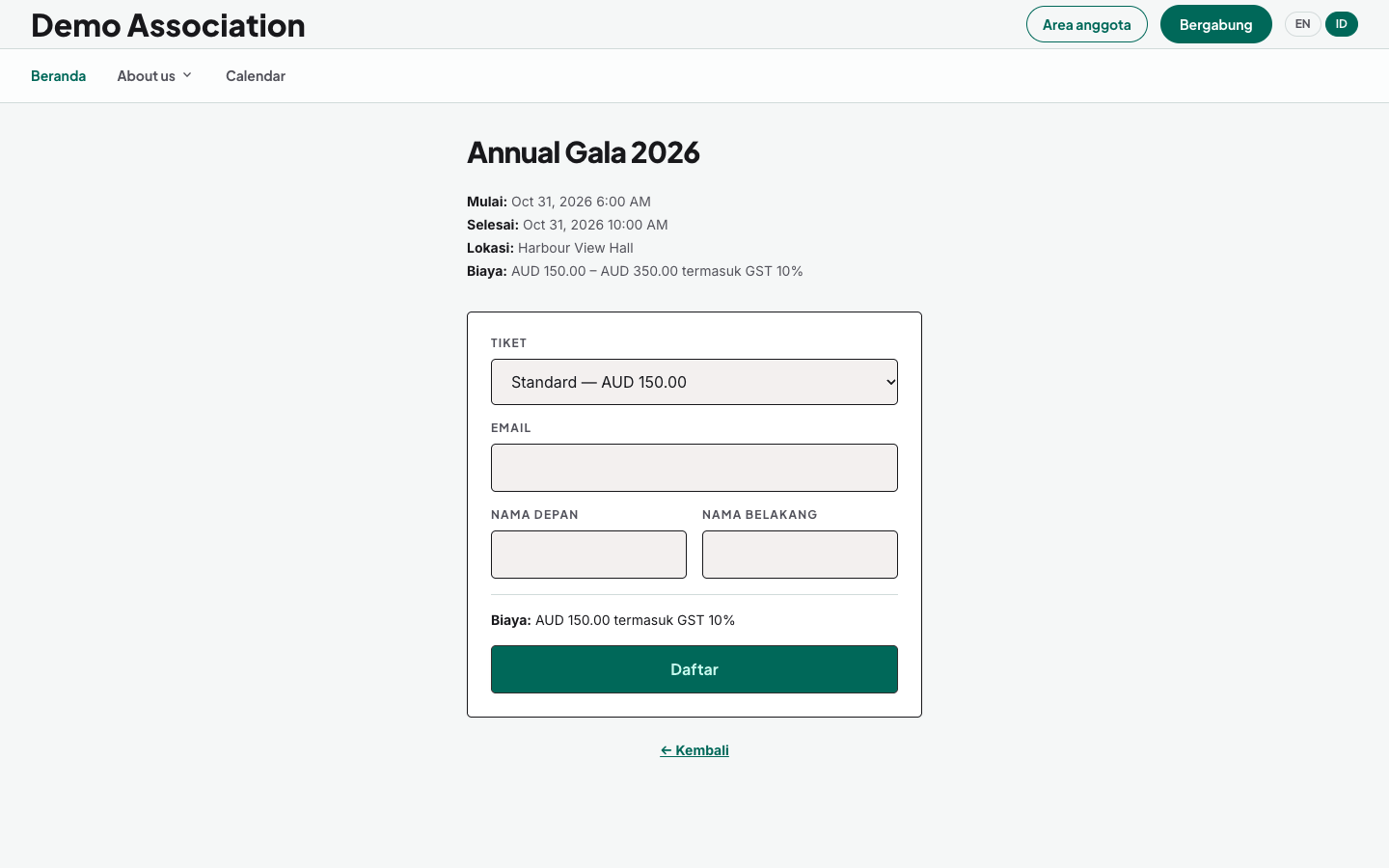Halaman pendaftaran acara yang menampilkan jumlah lengkap, sudah termasuk pajak