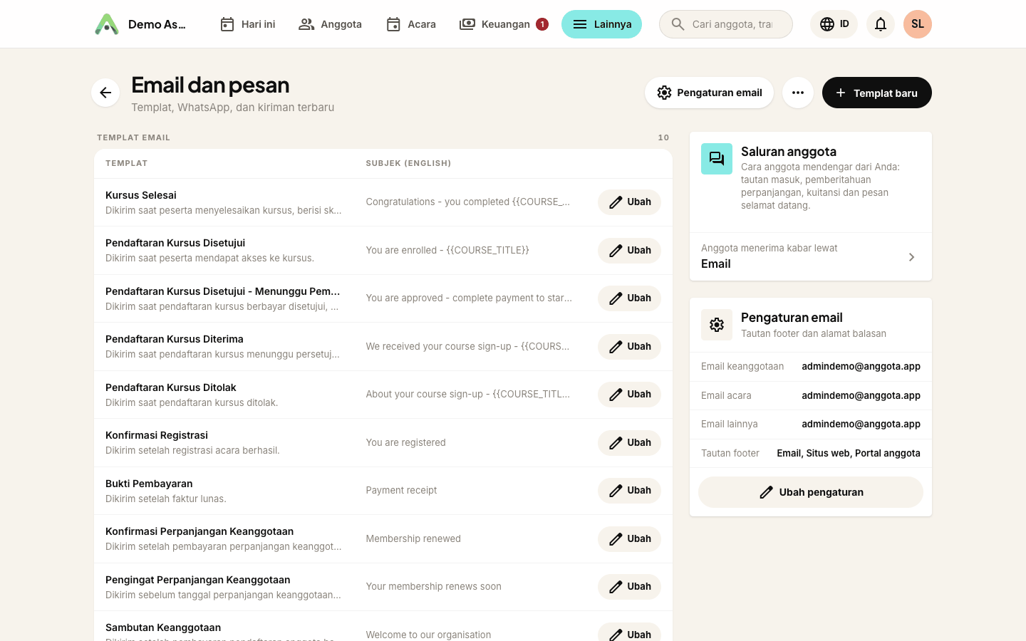 Email &amp; pesan, dengan panel Saluran anggota yang berisi pilihan WhatsApp