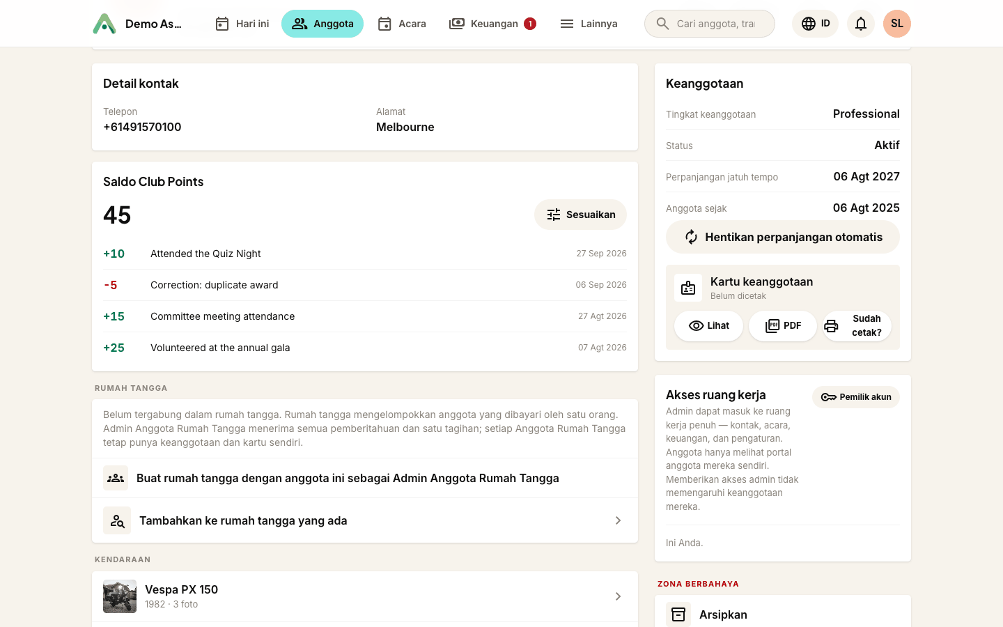 Panel Akses ruang kerja pada sebuah catatan kontak