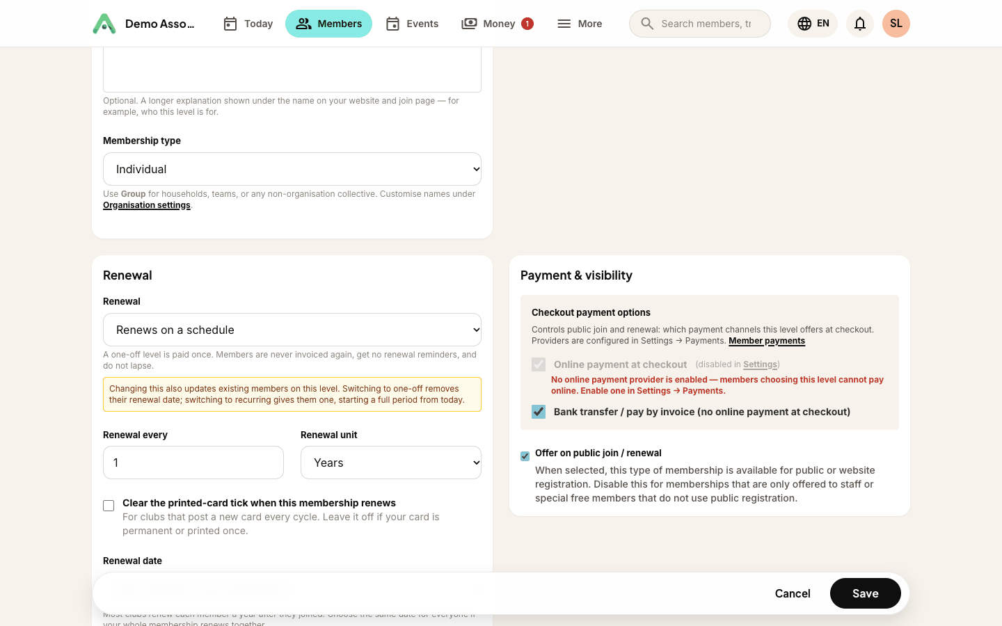 Payment options on a membership level, with unconfigured methods greyed out