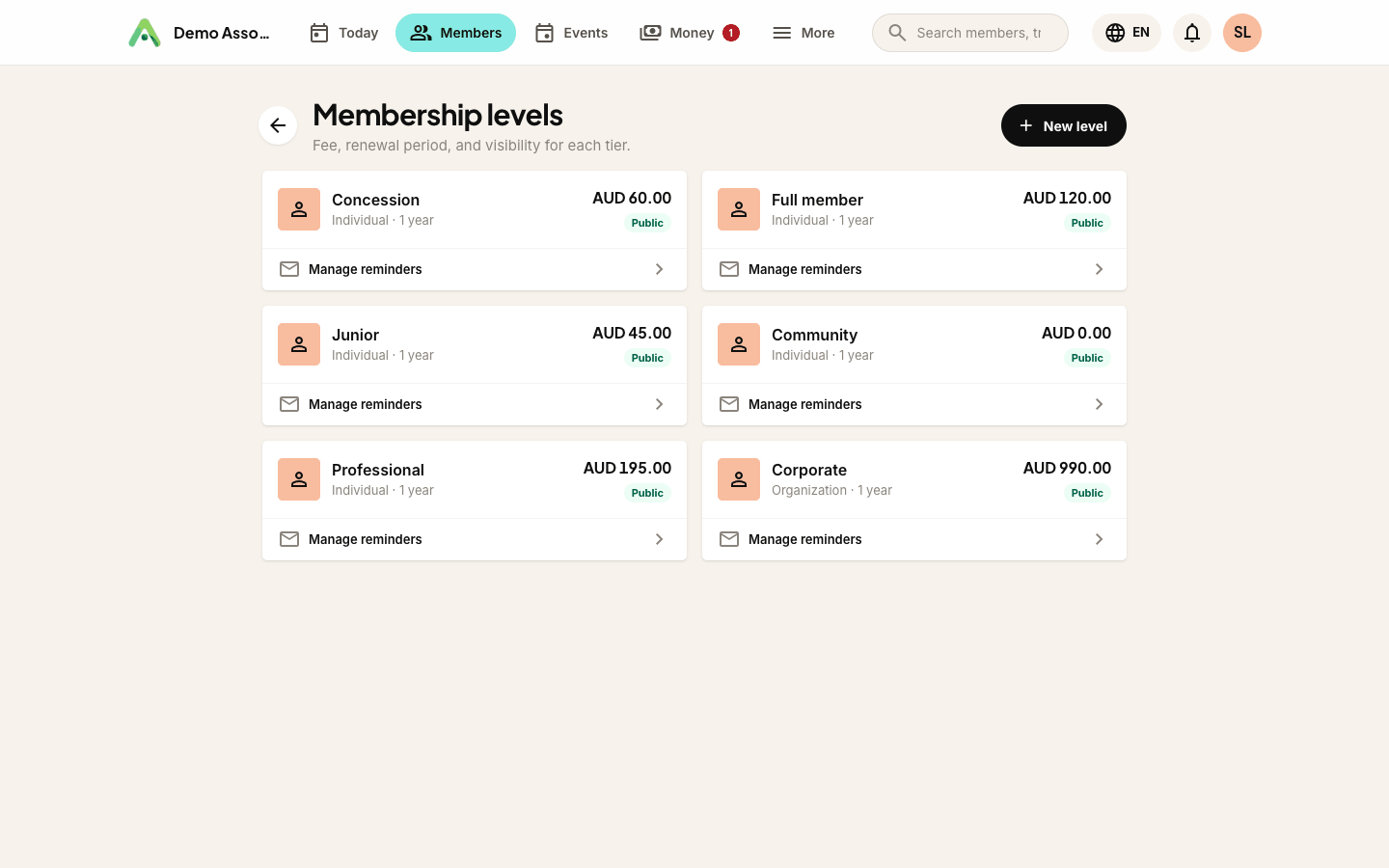 The membership levels screen with fee, renewal period and payment methods