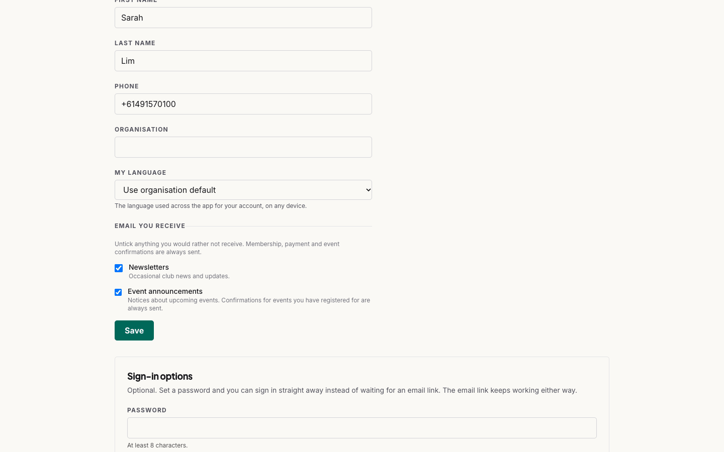 The email preferences panel in the member portal, with newsletters and event announcements