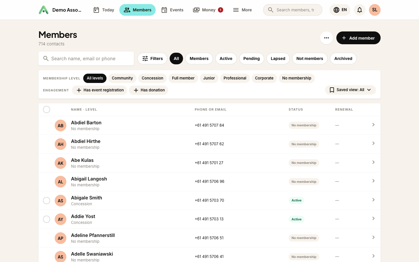 The member directory, with level and status filters and the Add member button