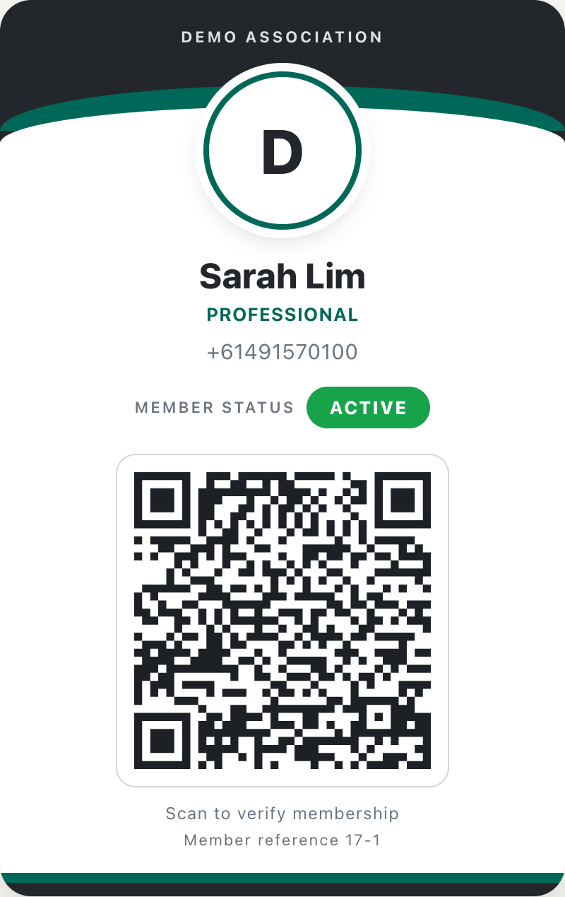 A membership card - branding, member details, live status, and the verification QR code