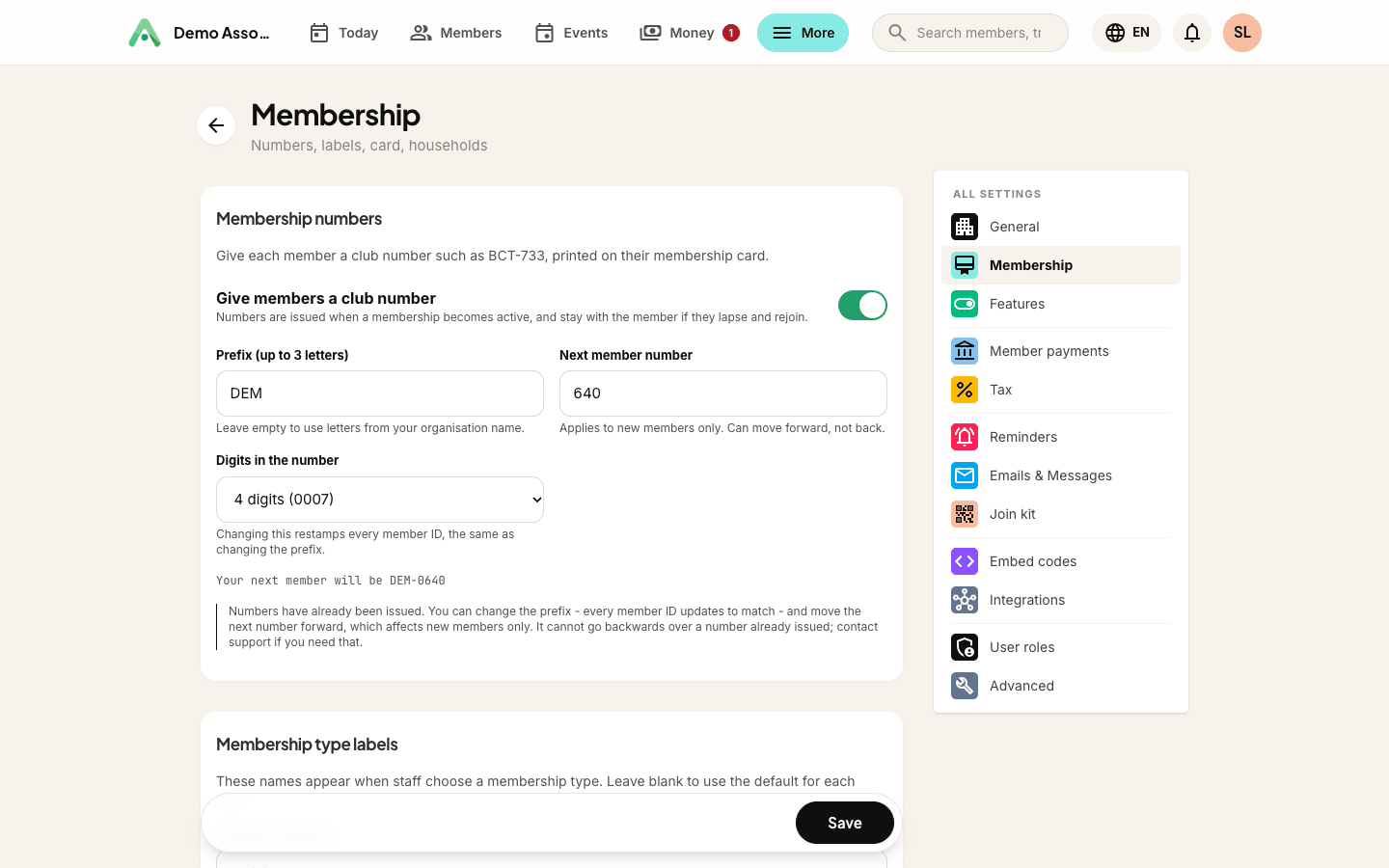 Membership numbers in Settings → Membership - prefix, starting number and padding, with a live example
