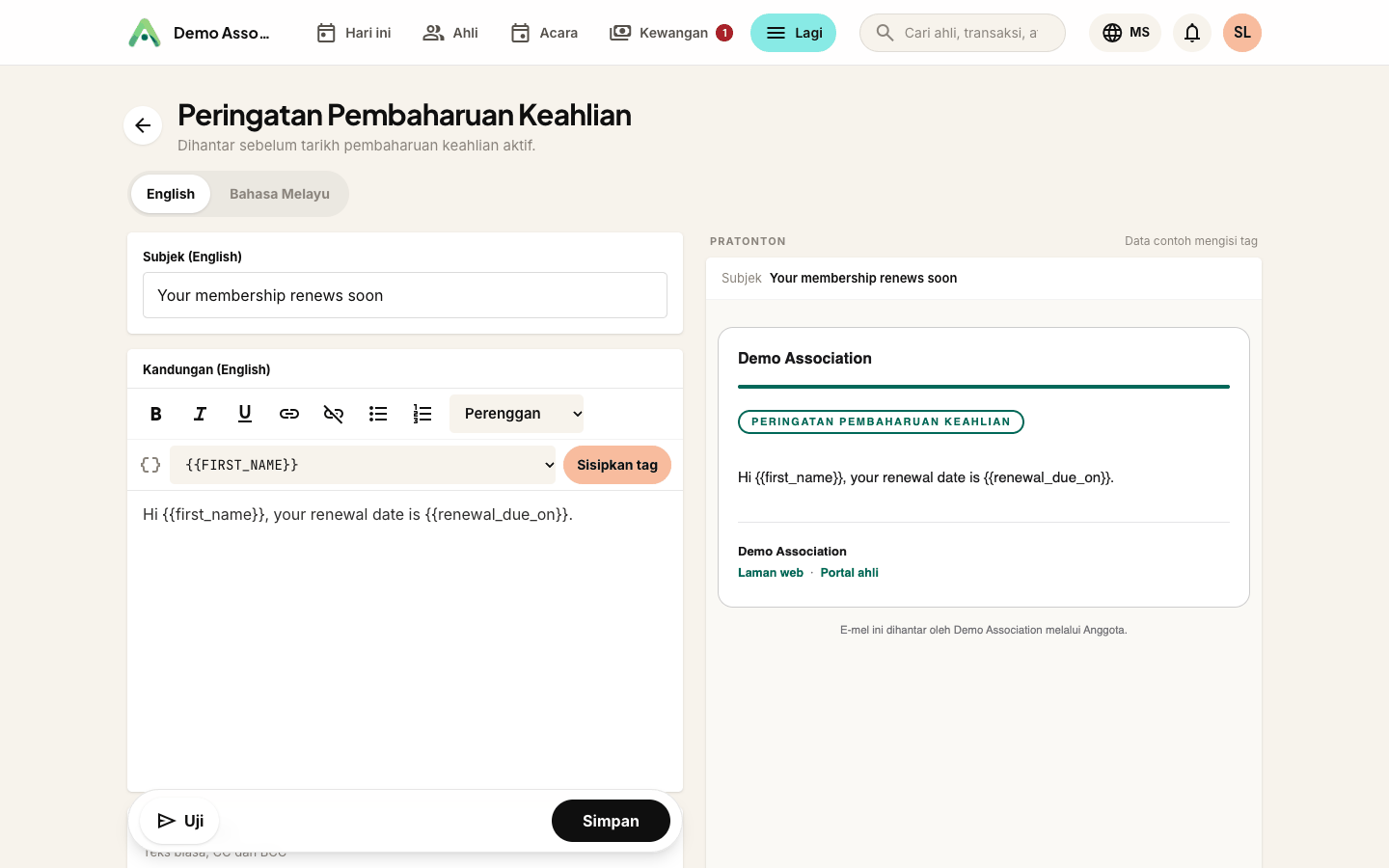 Menyunting templat - menu sisip-medan hanya menawarkan tag yang berkaitan dengan e-mel itu
