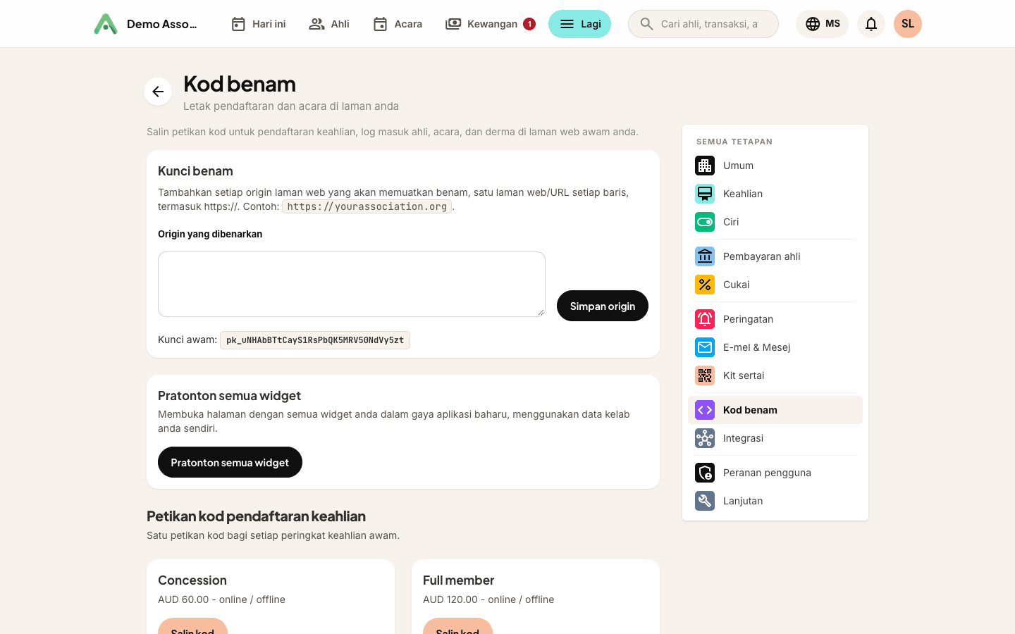 Tetapan Laman web utama pada halaman Kod benam