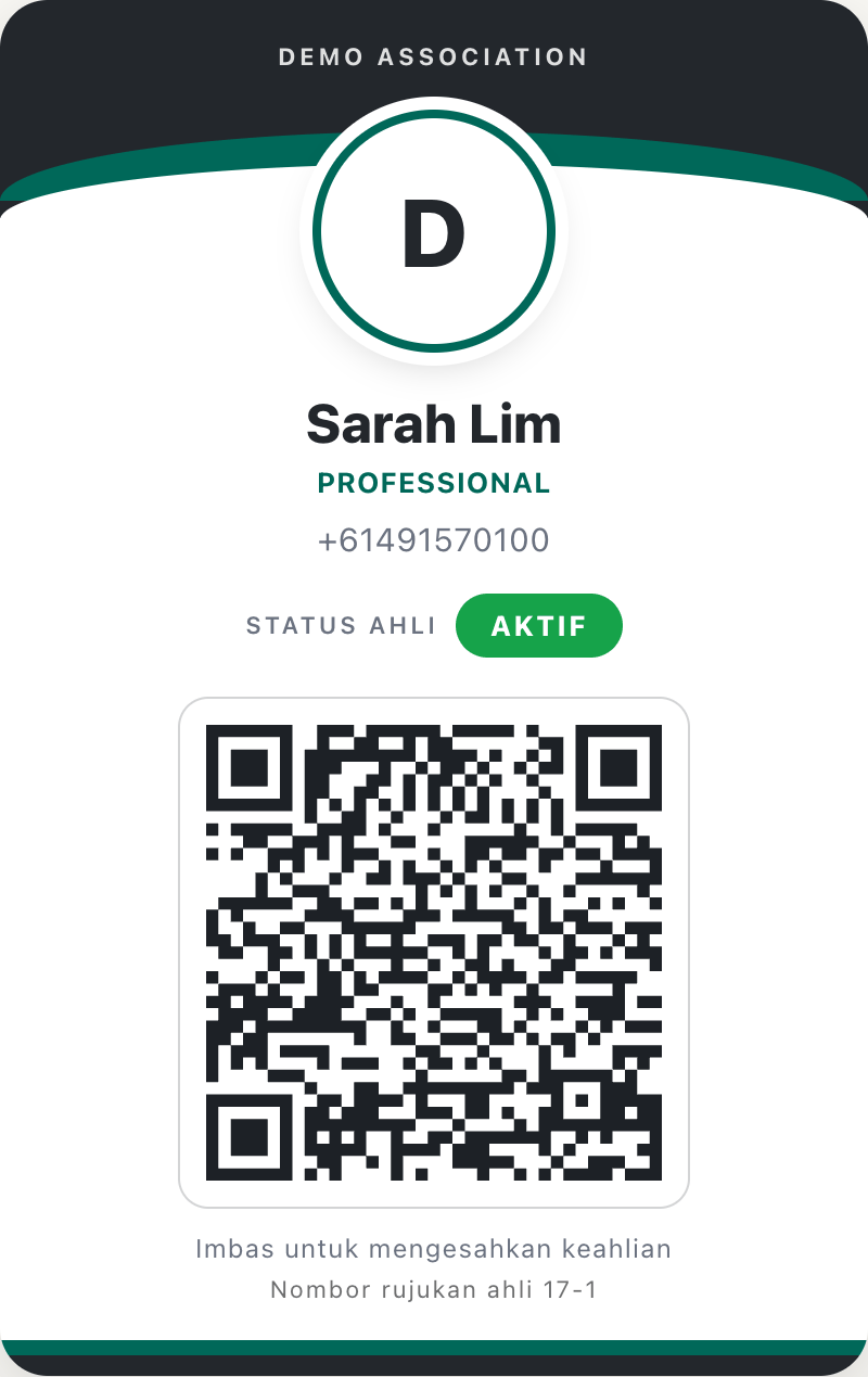 Kad keahlian - identiti organisasi, butiran ahli, status semasa, dan kod QR pengesahan