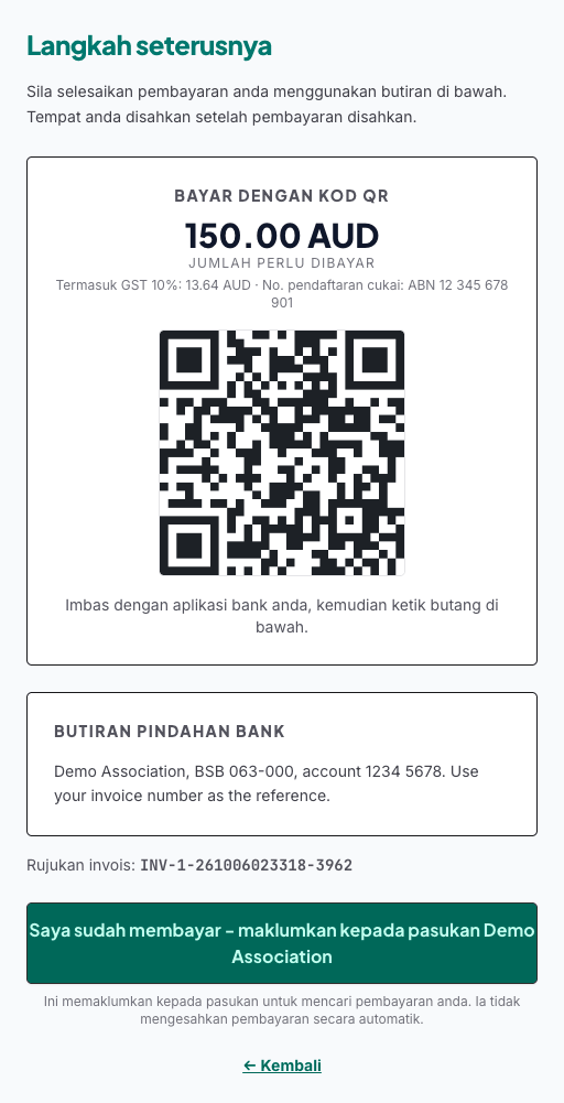 Skrin QR pembayaran keluar dengan jumlah yang perlu dibayar dan butang "Saya sudah membayar"