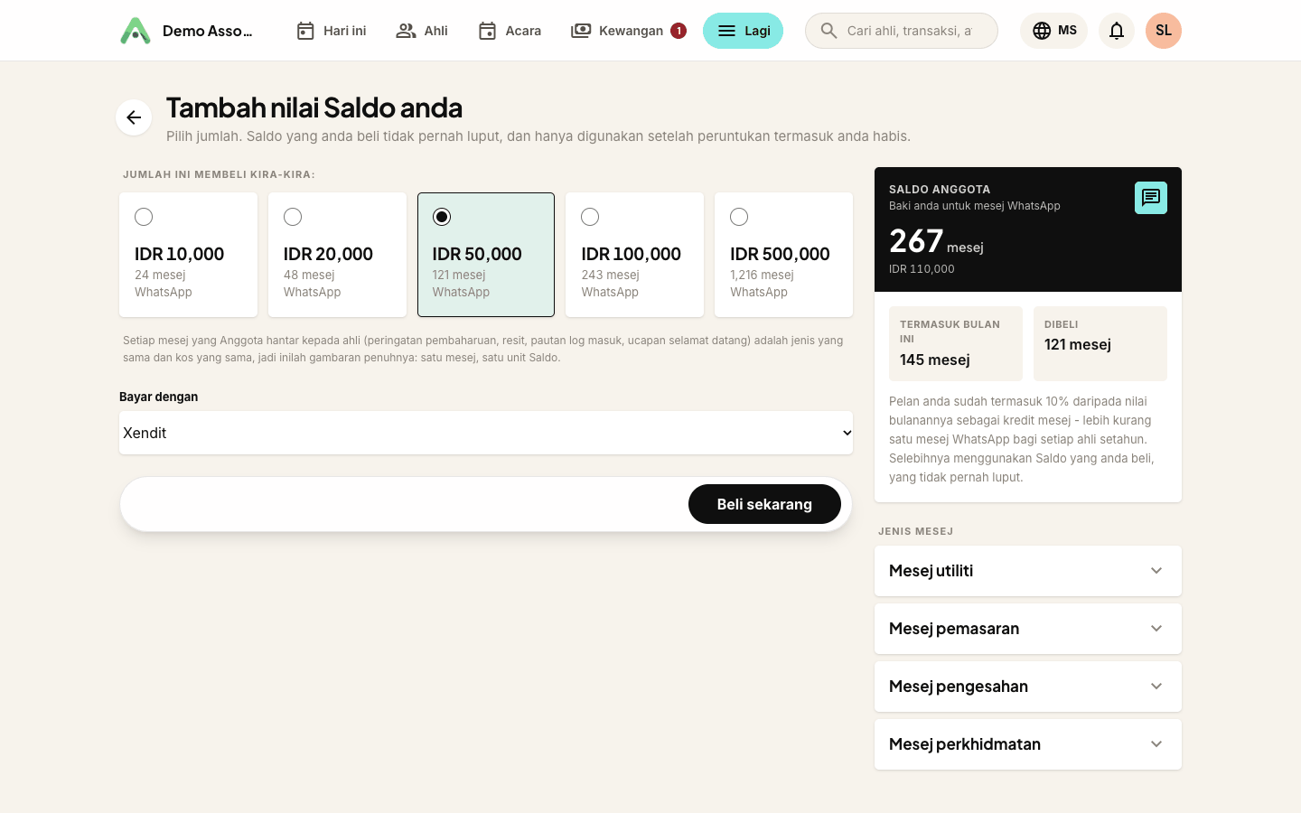 Halaman tambah nilai - pilih jumlah dan lihat bersamaan berapa mesej, dengan penerangan jenis mesej di bawahnya