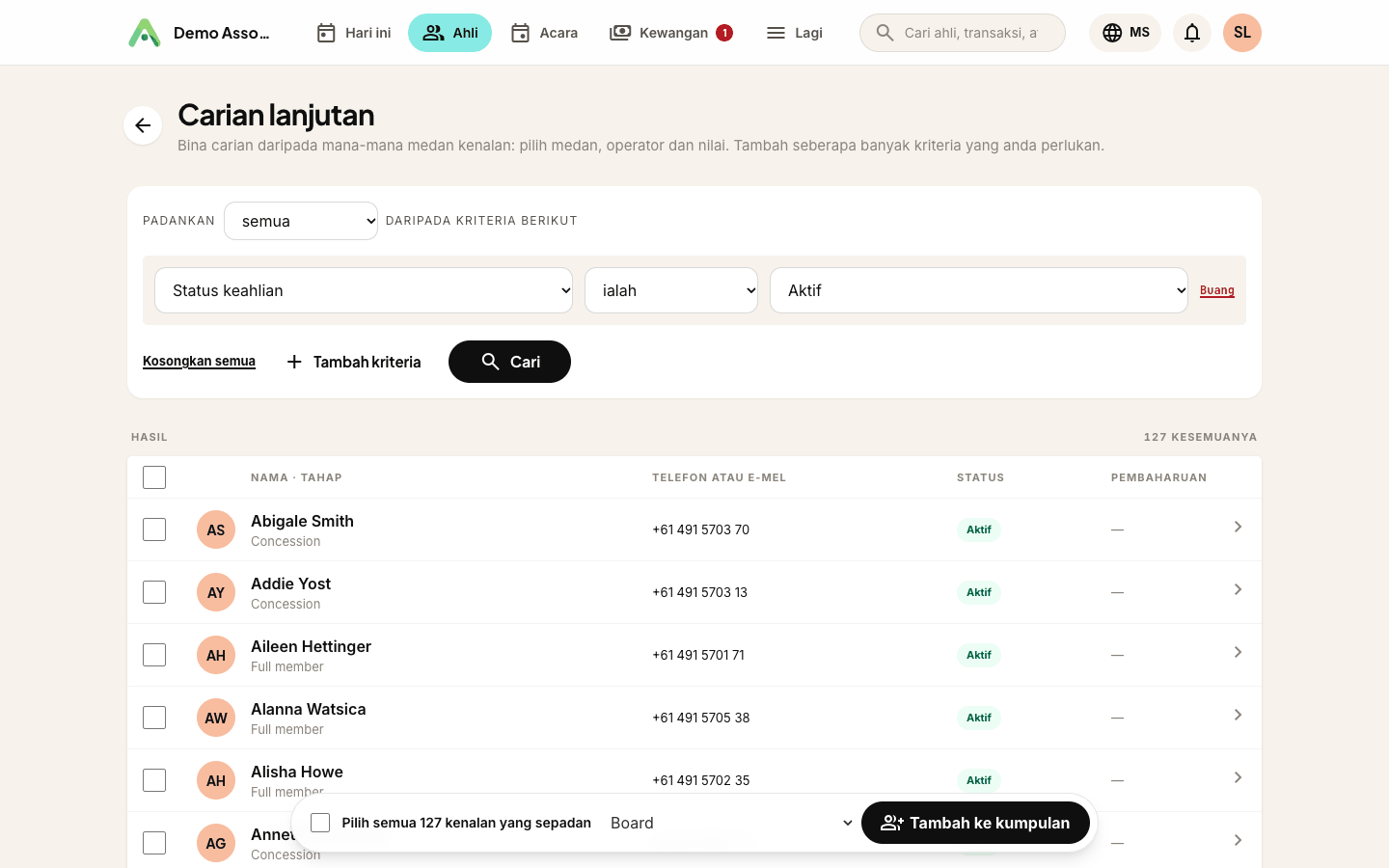 Hasil yang dipilih dengan bar Tambah ke kumpulan di atasnya