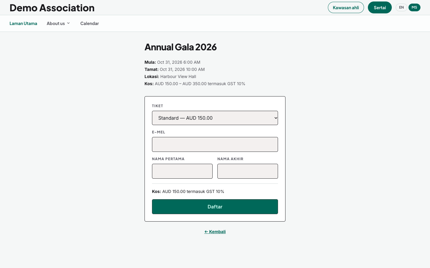 Halaman pendaftaran acara yang menunjukkan jumlah penuh, sudah termasuk cukai