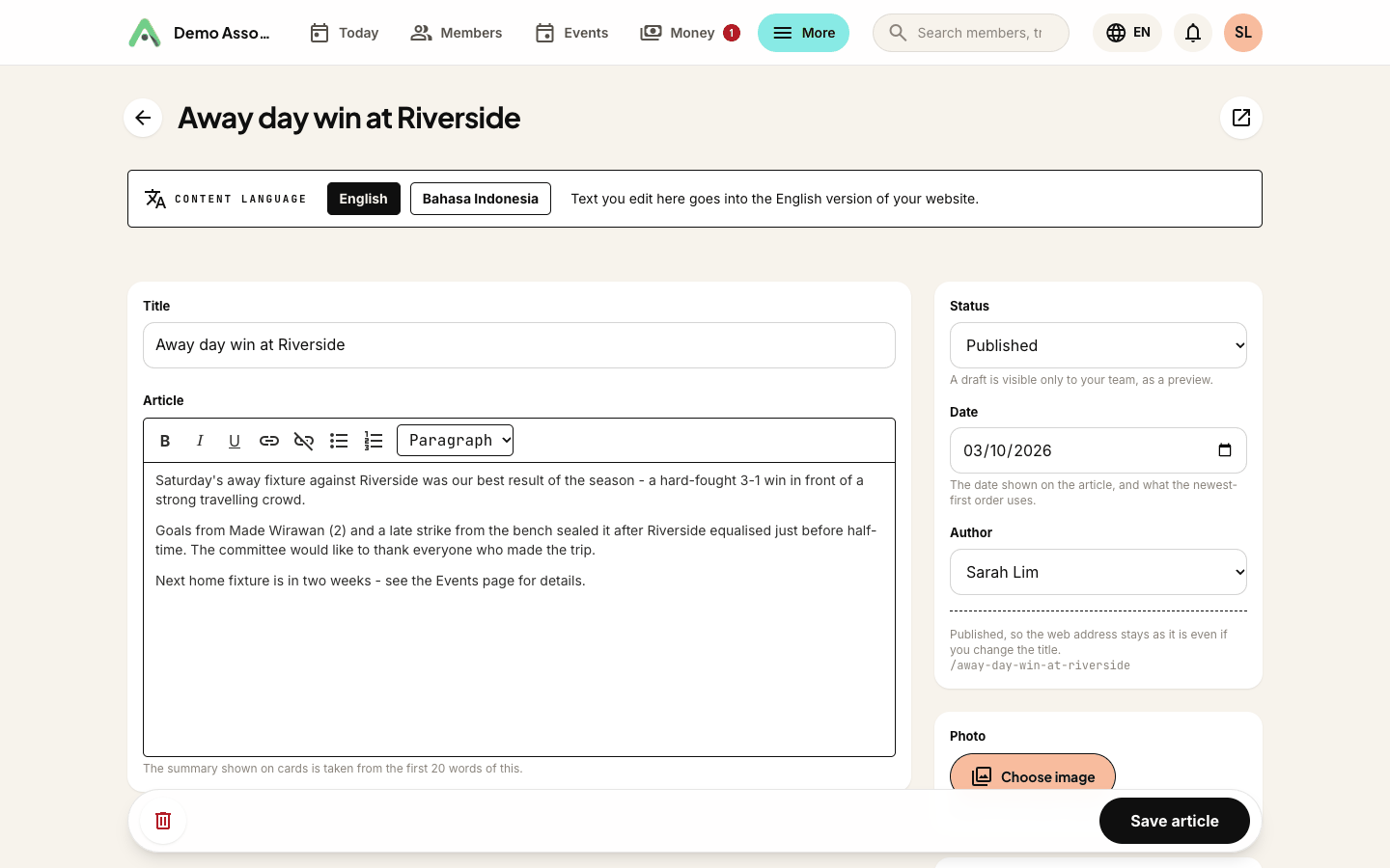 The article editor - title, body, photo, date, author, categories and status together