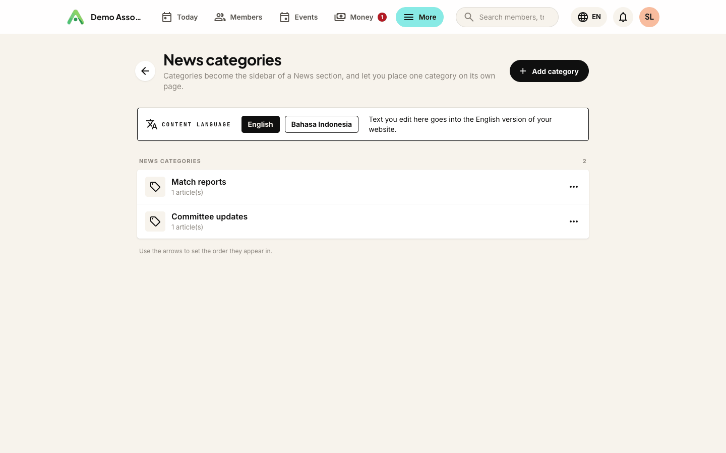 News categories - reorder with the arrows, each shows how many articles it holds