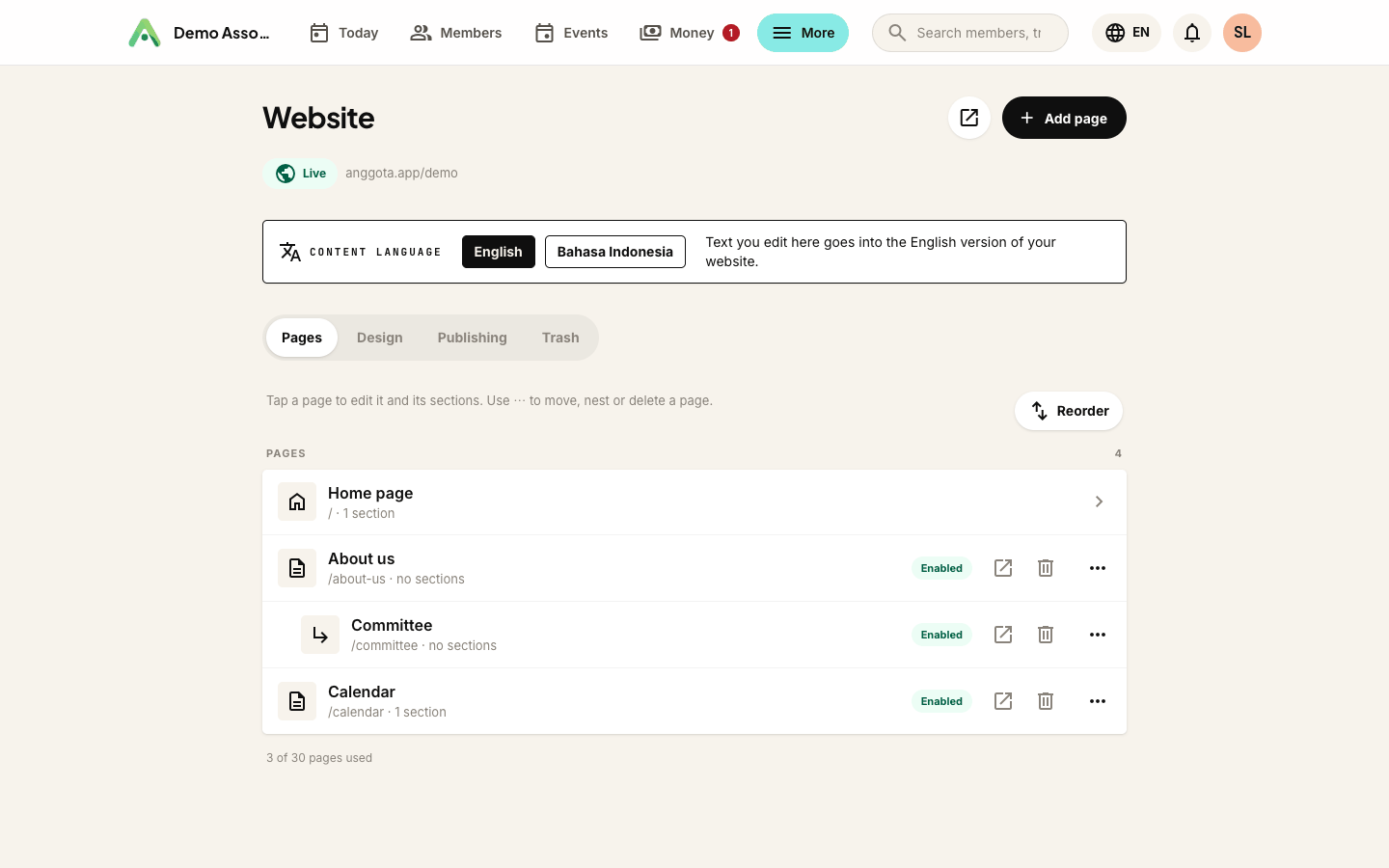 The Pages list with a page nested under another, and the drop-down menu it produces on the site