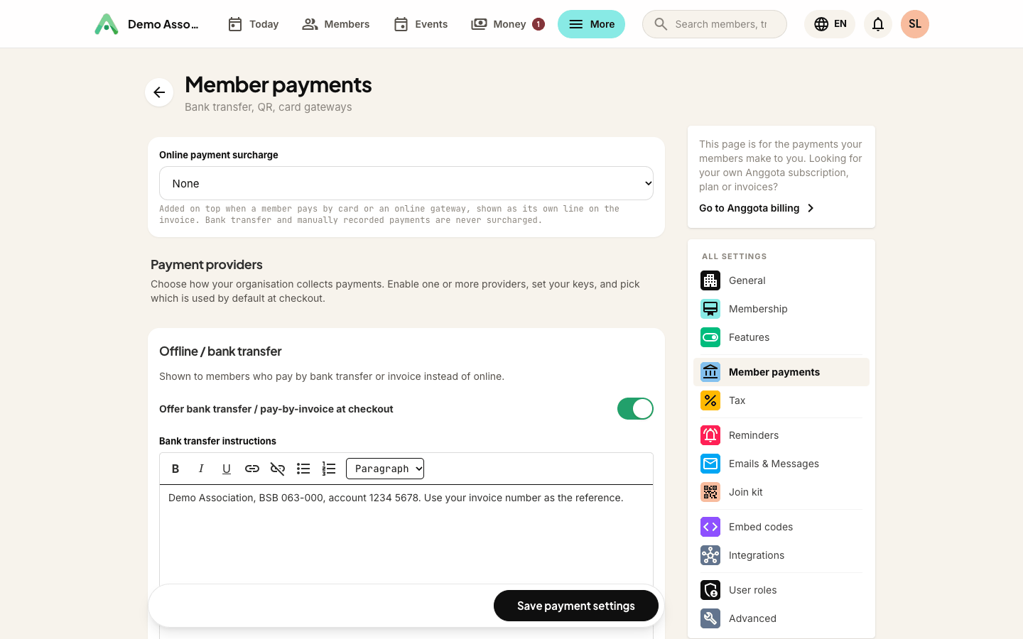 Settings → Member payments - offline bank transfer and QR, and the online providers