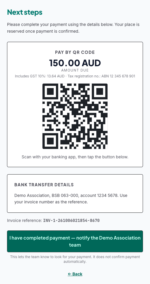The checkout QR screen with the amount due and the "I have completed payment" button