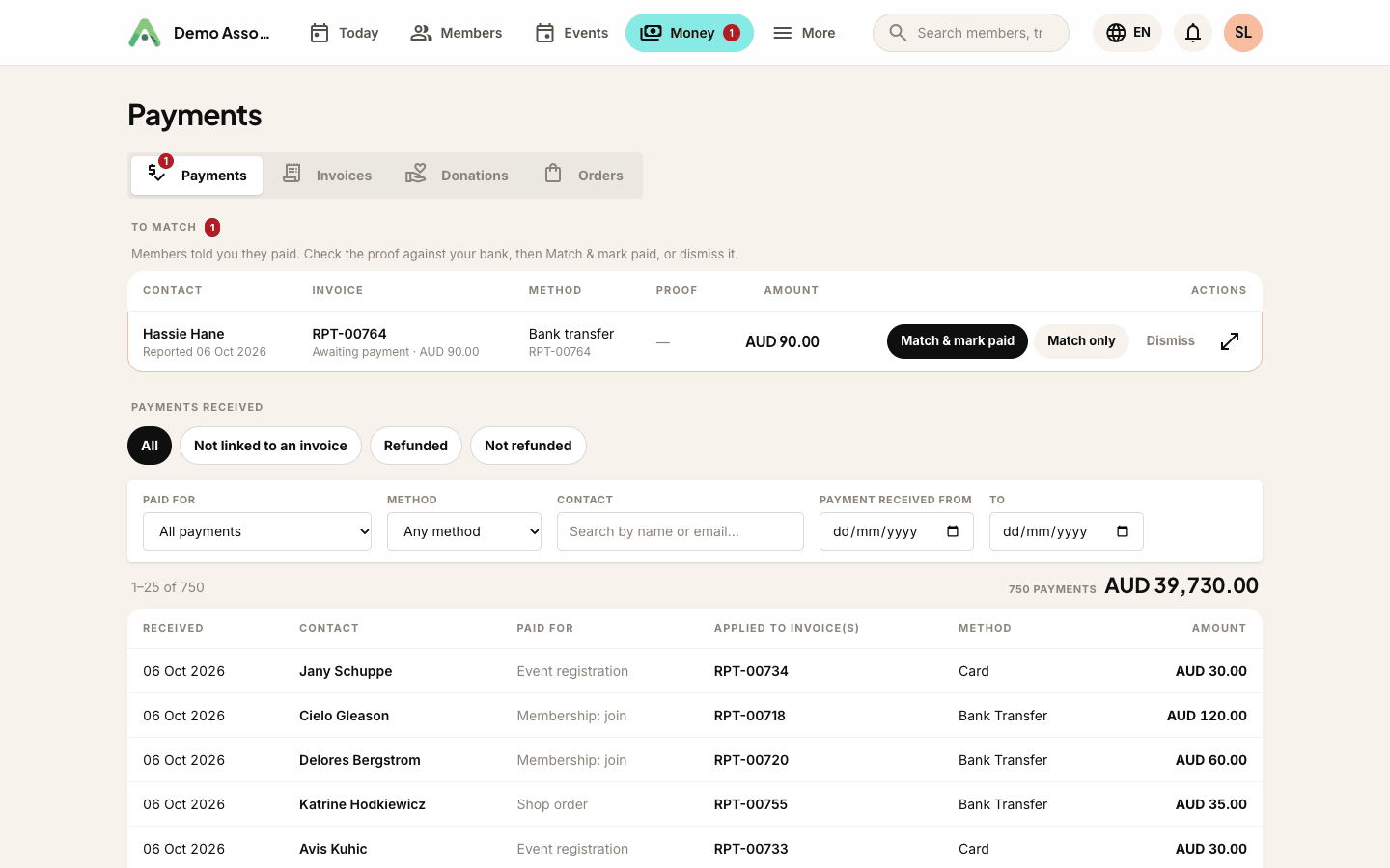 The To match panel on Money → Payments, with its match and dismiss actions