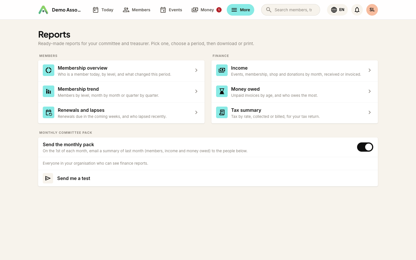 The Reports page, with the member reports, the finance reports and the monthly committee pack