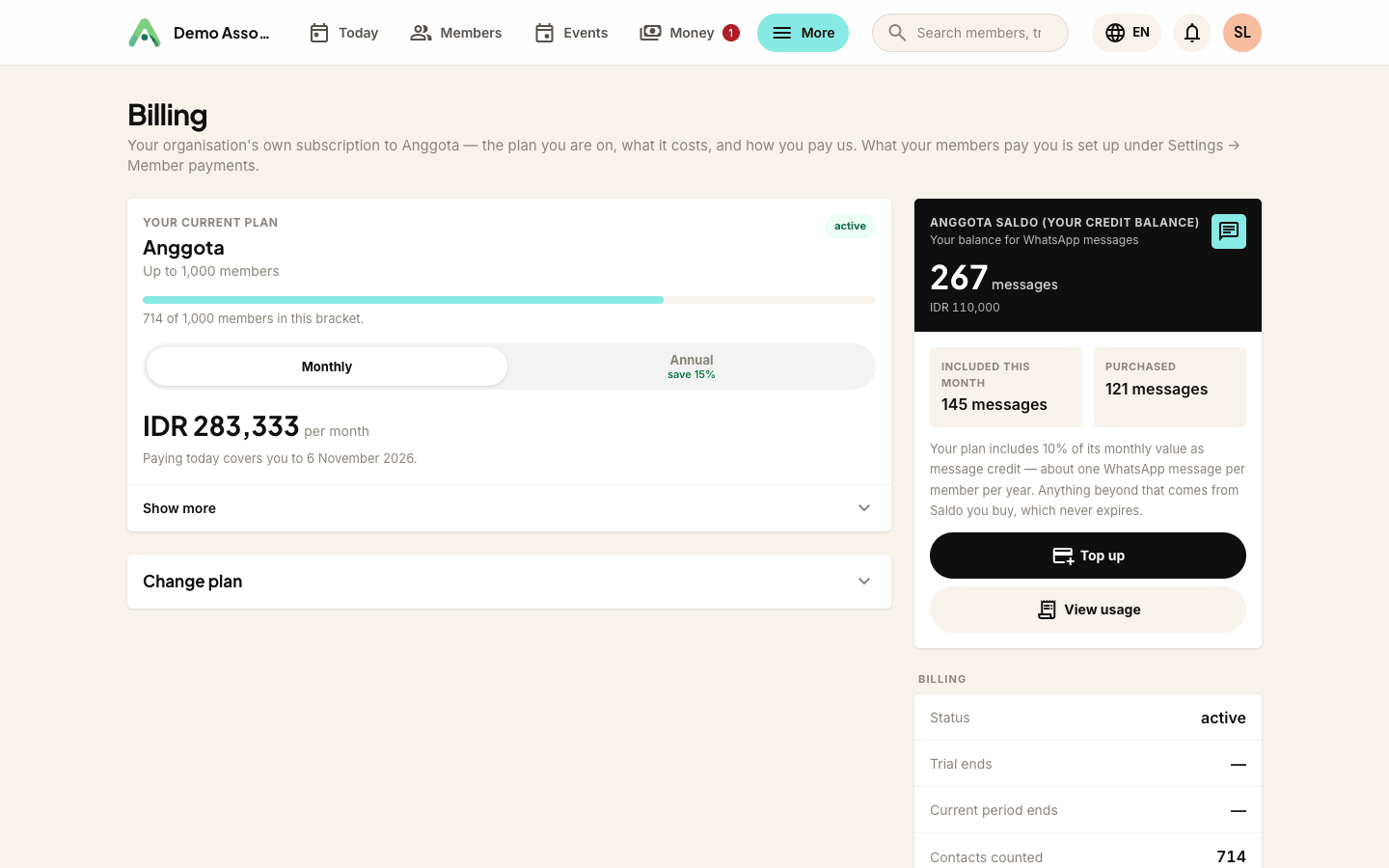 Your Saldo balance on the Billing page - what is included this month, what you have bought, and when it refreshes