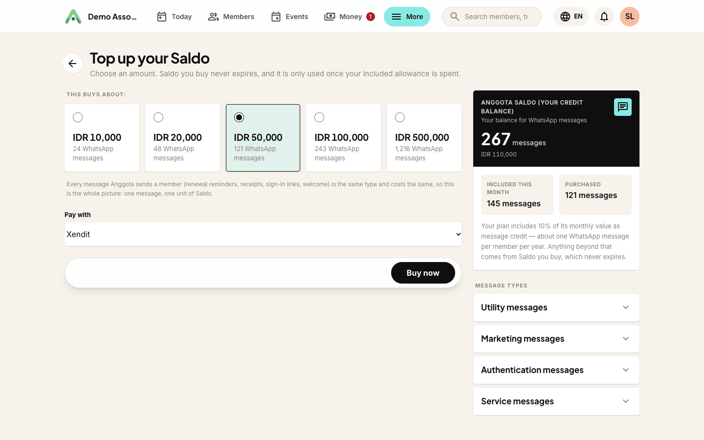 The top-up screen - pick an amount and see what it buys, with the message types explained underneath