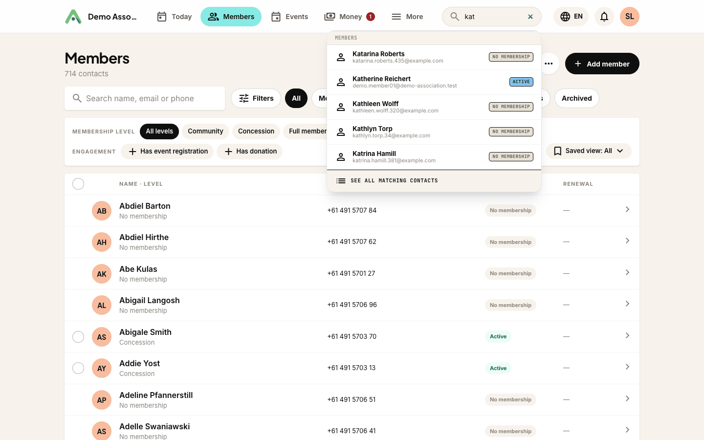 Typing a name brings up matching contacts, each with a status badge