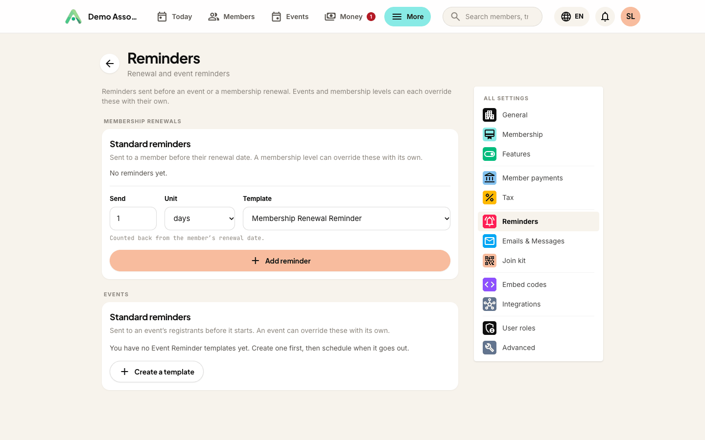 Standard reminders for renewals and events, under Settings