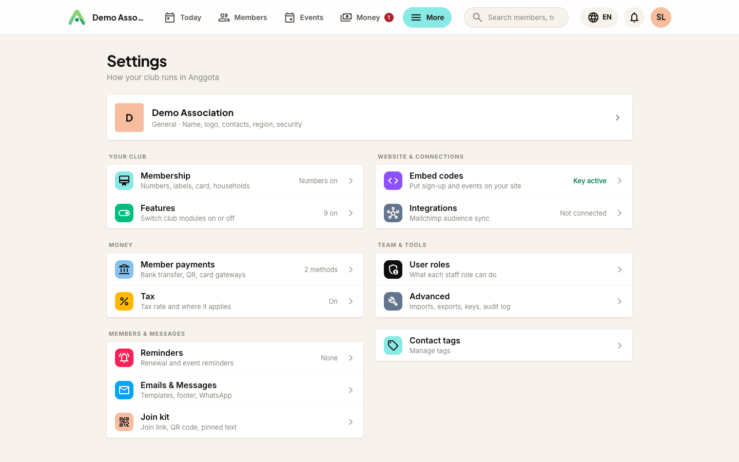 The Settings screen - your club, money, members and messages, website and team, each one click away