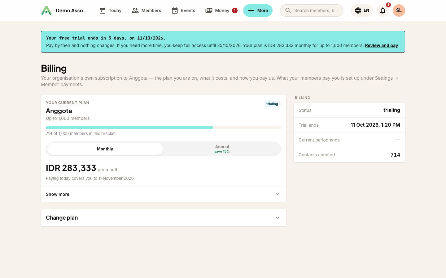 Billing - your status, trial end date, plan and price