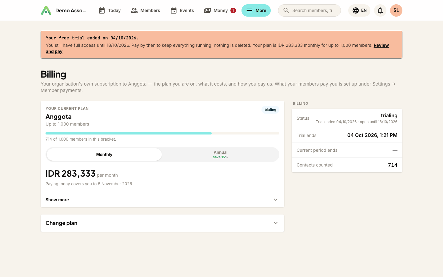 After the trial ends: the Payment due panel, and the date your workspace stays open until
