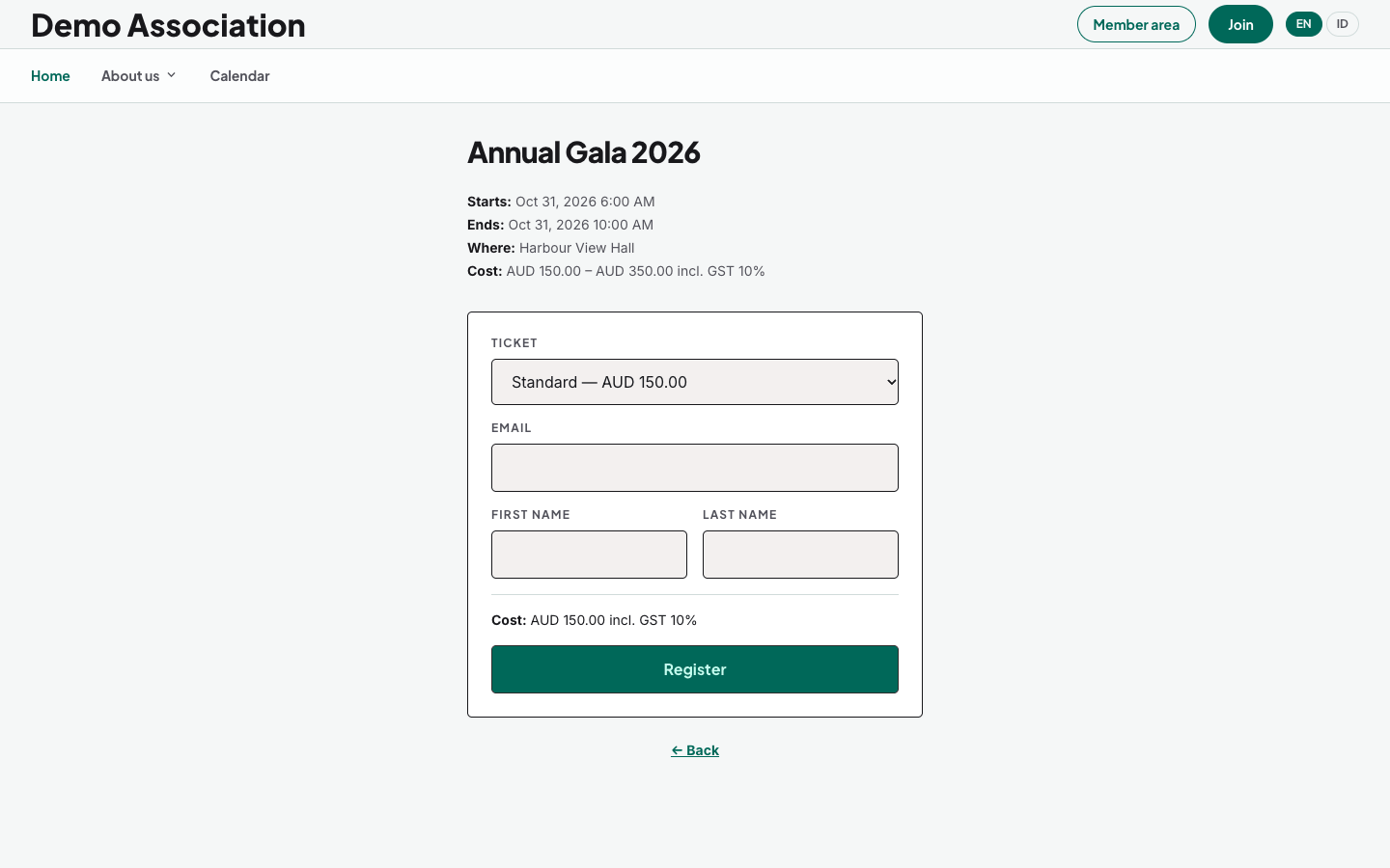 An event registration page quoting the full amount, tax included