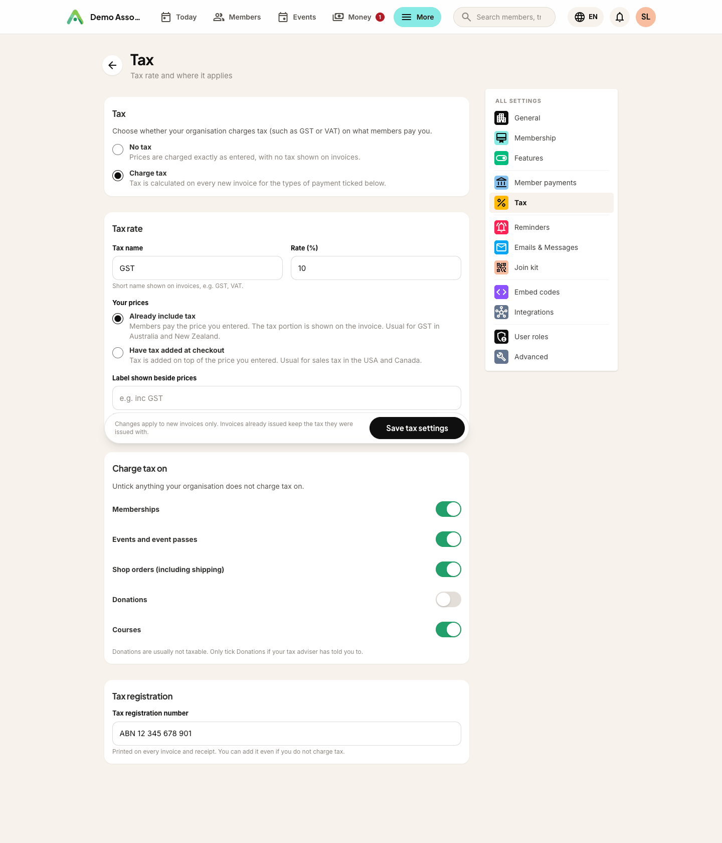 Settings → Tax, with the rate, how prices work, what is taxed and the registration number