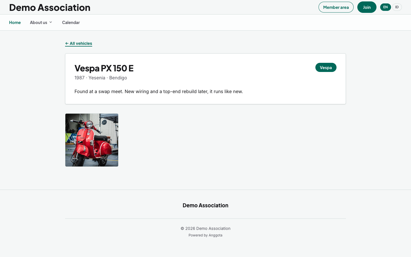 A vehicle's own page with its photo grid; photos open in a lightbox