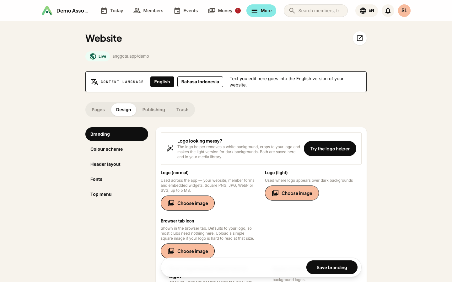 The Branding tab - your logo, and how it appears in the header