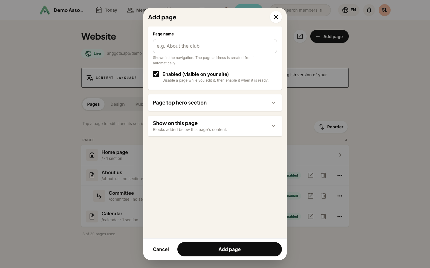 Adding a page, with its hero and the blocks to show on it